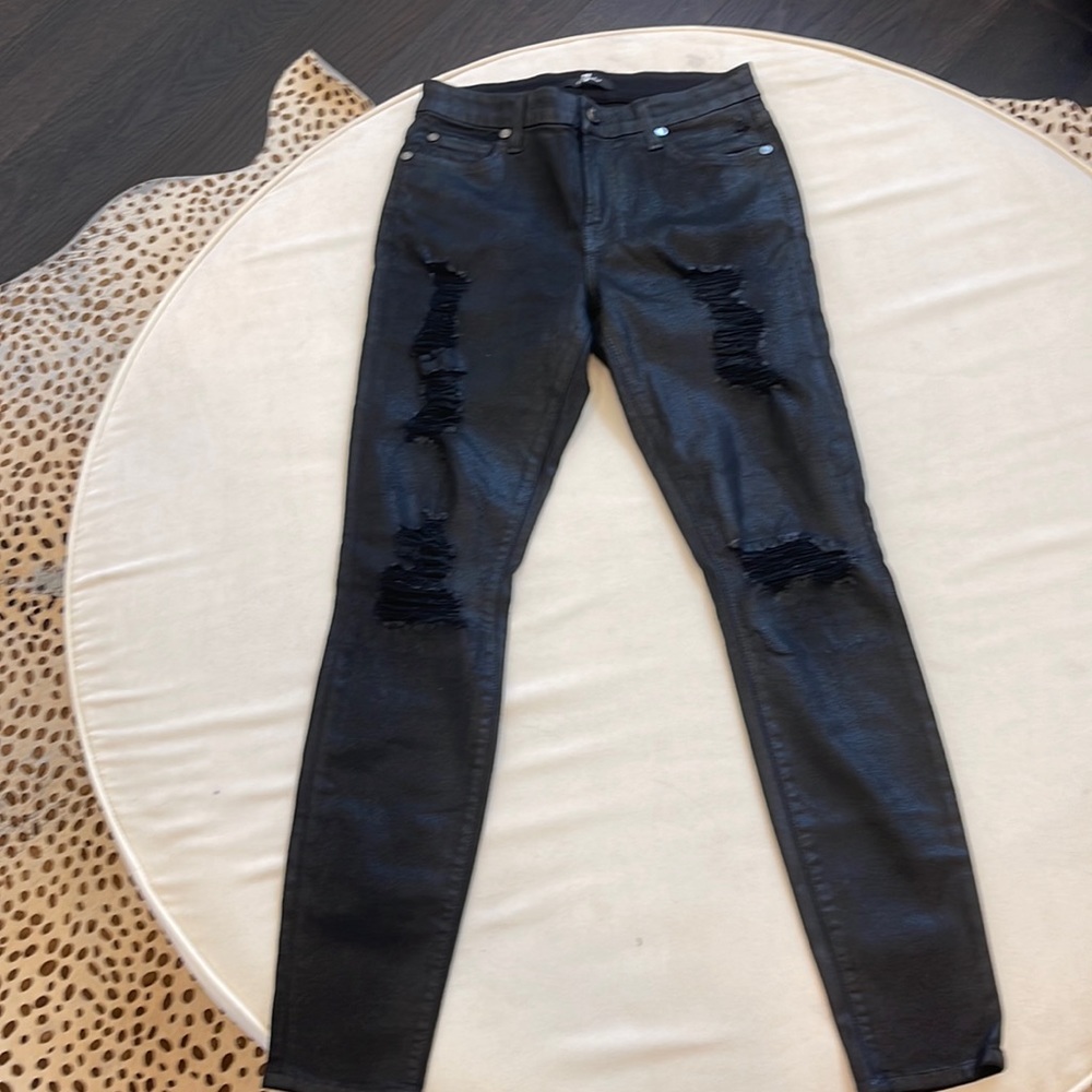 For All Mankind black coated distressed straight leg jeans